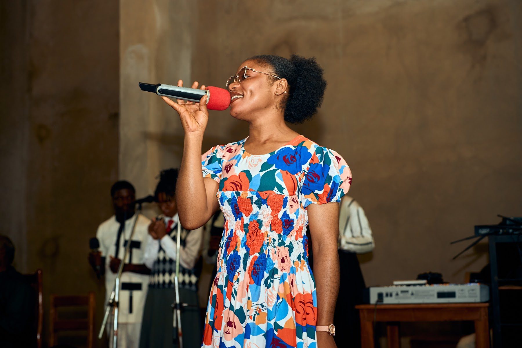A soloist singing during the worship service